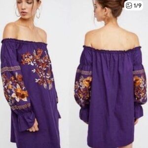 FREE PEOPLE Purple Fleur Du Jour Embroidered Mini Shift Cotton Twill Dress M